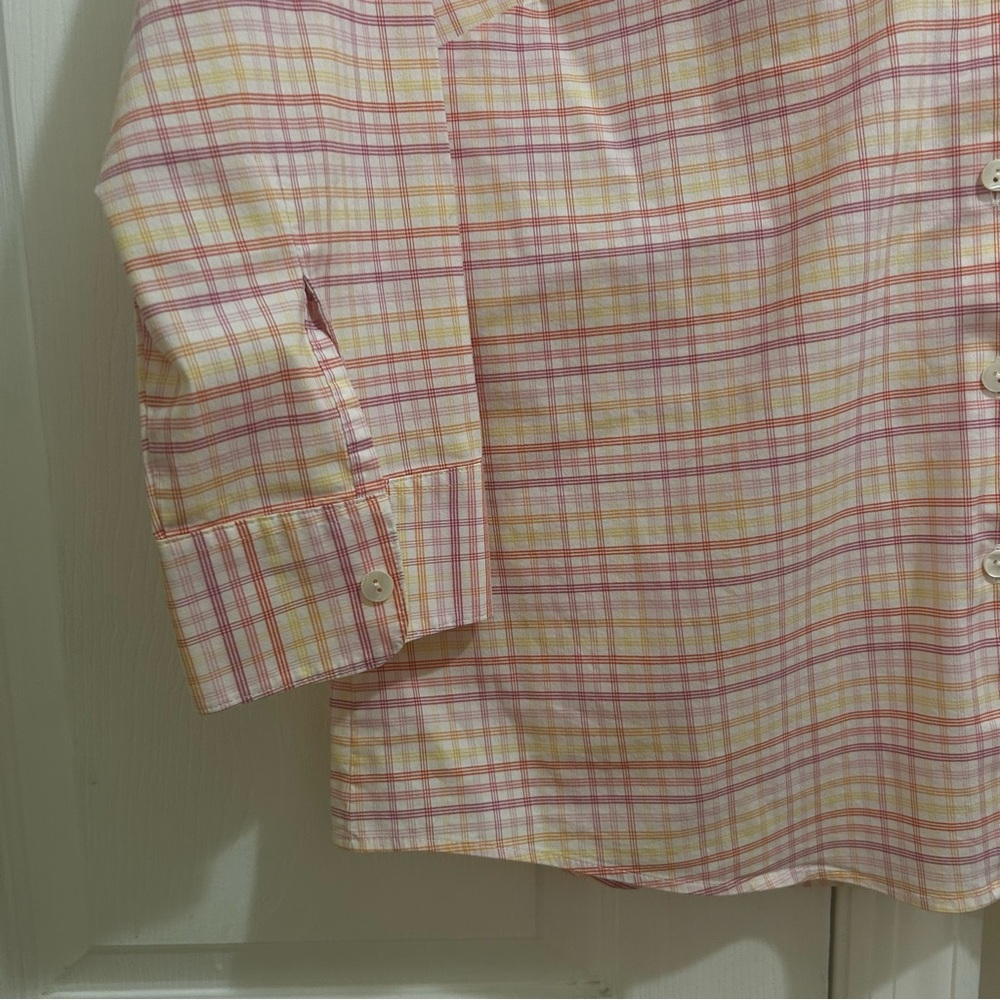 L.L. Bean Women's Pink & Yellow Plaid Shirt 3/4 Sleeves Stretch Size Large - Picture 4 of 4